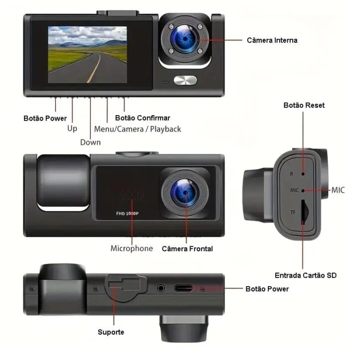 camera de seguranca veicular 3 em 1 dianteira e traseira 1080p hd 64gb dashvision soutipoa