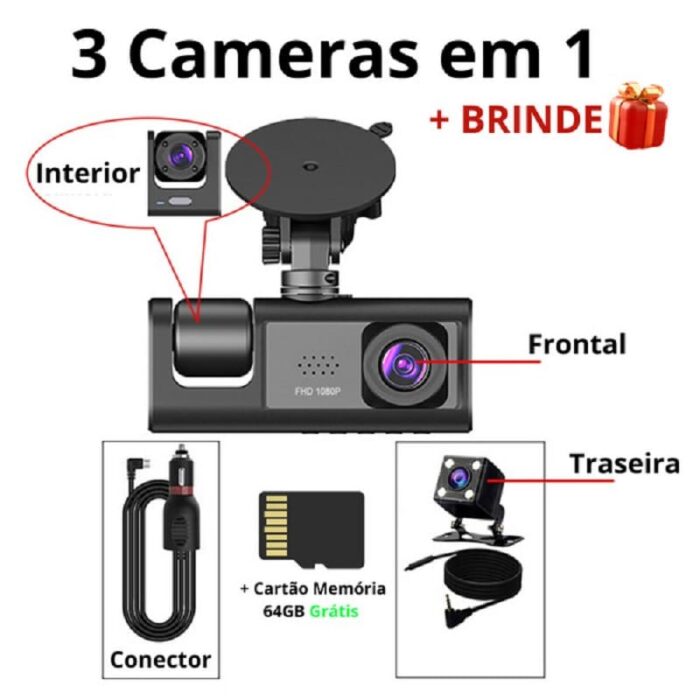 camera de seguranca veicular 3 em 1 dianteira e traseira 1080p hd 64gb dashvision soutipoa